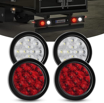 Nilight 4PCS 4" 12LED Round Reverse Brake Turn Tail Lights w/Surface Mount Grommet Plugs IP67 Trailer Light for Truck RV (White and Red)