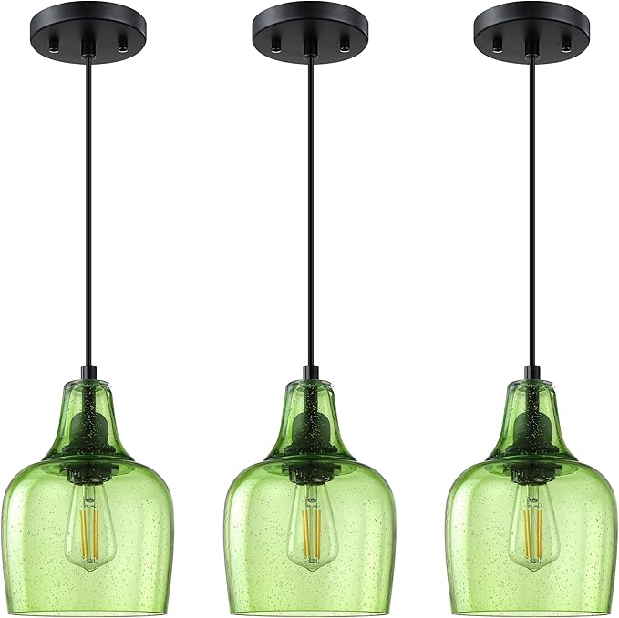 3 Pack 1 Light Indoor Hanging Kitchen Island Pendant Ceiling Light 6.1" Green Glass Fixture,Black Finish for Farmhouse Over Sink Bedroom Hallway