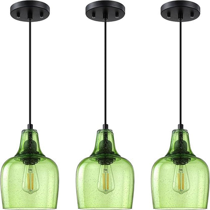 3 Pack 1 Light Indoor Hanging Kitchen Island Pendant Ceiling Light 6.1" Green Glass Fixture,Black Finish for Farmhouse Over Sink Bedroom Hallway