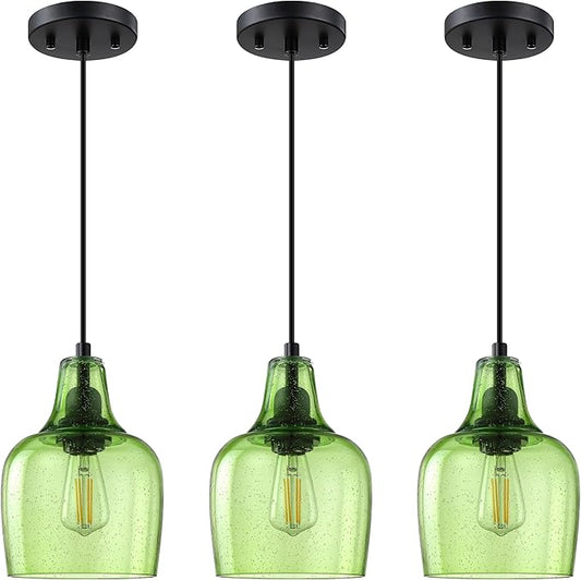 3 Pack 1 Light Indoor Hanging Kitchen Island Pendant Ceiling Light 6.1" Green Glass Fixture,Black Finish for Farmhouse Over Sink Bedroom Hallway