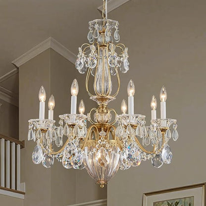 Crystal Chandelier for Dining Room, 8-Light Vintage Brass Chandelier, Pendant Ceiling Light Fixture for Living Room Hallway Entryway Foyer Staircase 30.3" H x 26.8" D