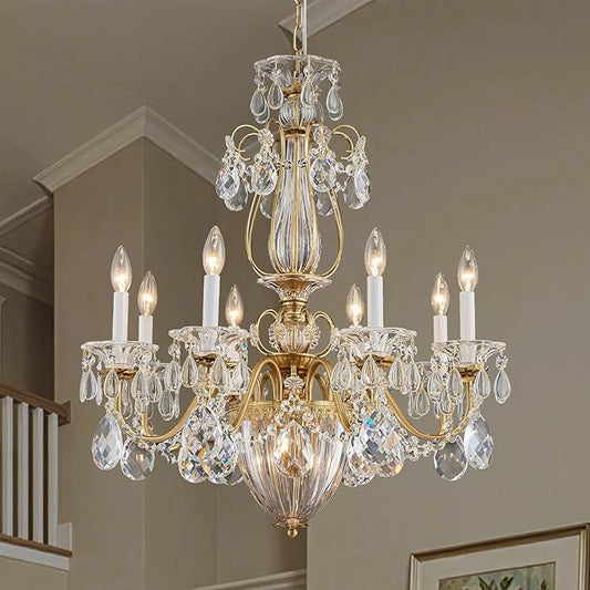 Crystal Chandelier for Dining Room, 8-Light Vintage Brass Chandelier, Pendant Ceiling Light Fixture for Living Room Hallway Entryway Foyer Staircase 30.3" H x 26.8" D