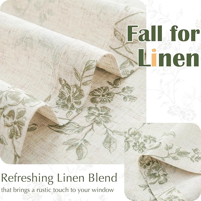 jinchan Floral Kitchen Curtains 36 Inch Linen Tier Curtains Farmhouse Cafe Half Window Drapes Over Sink Light Filtering for Living Room Laundry RV Rod Pocket 2 Panels Sage Green on Beige