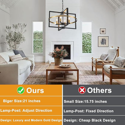 21.26'' Black Gold Chandelier 4-Light Modern Industrial Pendant Light Entryway Chandelier for Foyer Farmhouse Ceiling Lighting Fixture for Kitchen Island Dining Room Living Room Bedroom, Adjustable