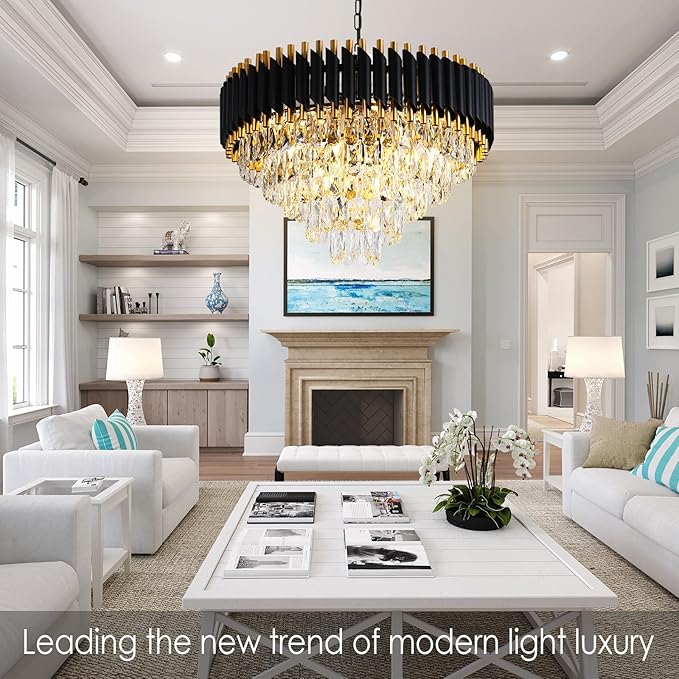 Gold Crystal Chandelier Contemporary, 24" Modern Living Room Chandeliers, K9 Crystal Ceiling Lights Fixtures, Round 5 Tiers Pendant Lighting Chandelier Black for Entryway Dining Room Staircase