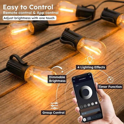 GvvooHome 200FT S11 LED Outdoor String Lights with App & Remote, Low-Voltage Patio Lights with Music Sync, 4 Lighting Modes, Dimmable, Waterproof LED Outdoor Lights for Backyard, Porch, Deck, Garden