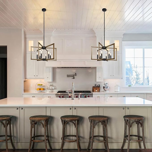 Klgxnrd 6-Light Modern Farmhouse Pendant Lights for Kitchen Island, Vintage Geometric Dining Room Lighting Hanging, Industrial Chandelier for Hallway Foyer, Retro Wood Texture and Black Finish
