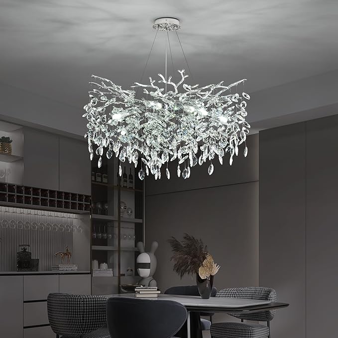 Tree Branch Chandelier Modern Crystal Pendant Light, Luxury Chrome Art Deco Raindrop Lighting Fixture for Dining Room Bedroom Living Room 10 Lights D30''