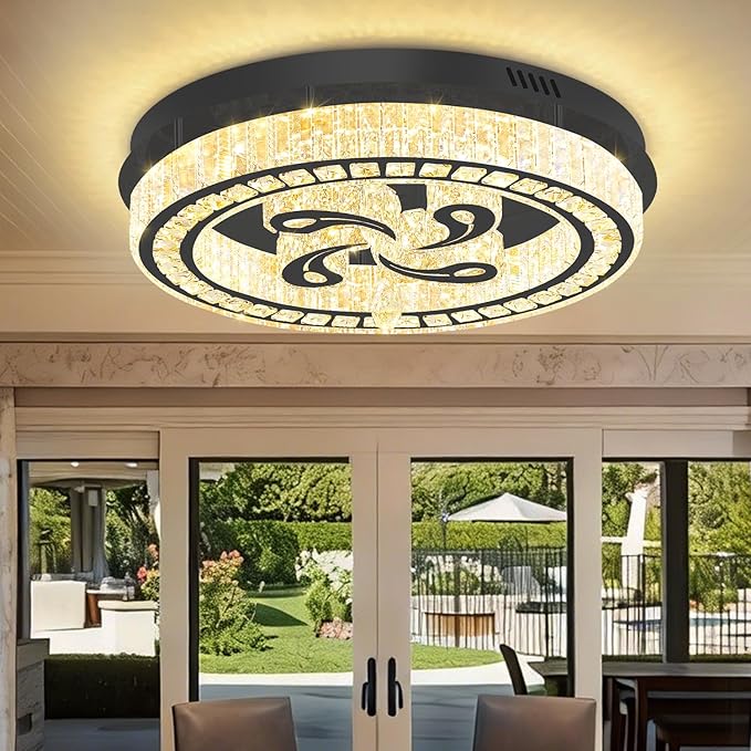 24'' Black Modern Crystal Chandelier LED Dimmable Flush Mount Crystal Ceiling Light for Living Room Bedroom Dining Room