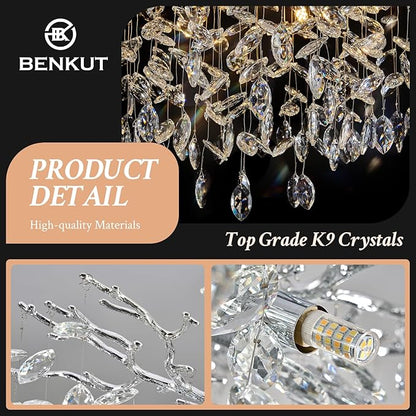 Benkut Modern Tree Branch Crystal Chandelier 23.6" Silver Crystal Dining Room Chandeliers 8-Light Luxury Pendant Lighting for Kitchen Bedroom Living Room
