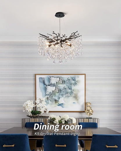 Modern Tree Branch Crystal Chandelier Luxury Blacl Crystal Pendant Lighting 23.6" Contemporary 8-Light Chandeliers for Dining Room Kitchen Bedroom Living Room