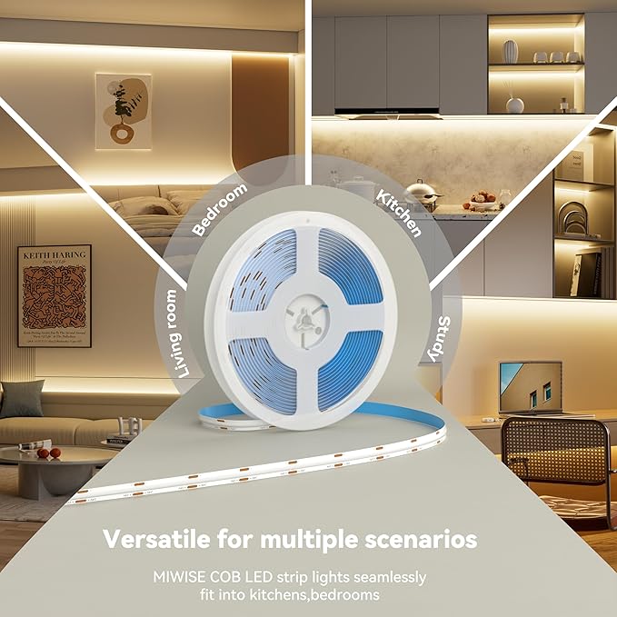 MIWISE COB LED Strip,3000K Warm White 32.8ft/10m,Dimmable Super Bright 24V LED Strip Light,CRI 90+ Flexible Tape Light with RF Remote Timer Function,for Home/Cabinet/Bedroom/TV DIY Lighting Project