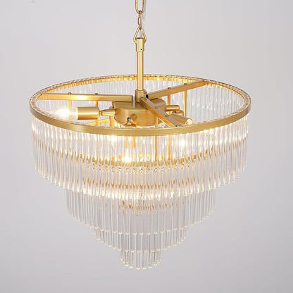 Modern Multi-Tier Crystal Chandelier 4-Tier Round Gold Finish Ceiling Light -Cylindrical Glass Rods -Dining Room Living Room Bedroom Entryway -Luxury Lighting Fixture 20''