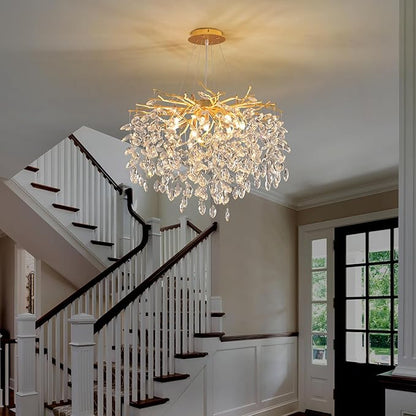 Gold Crystal Tree Branch Chandelier, Modern Round Art Deco Raindrop Lighting Fixture for Dining Room Bedroom Living Room 8 Lights D23.7''