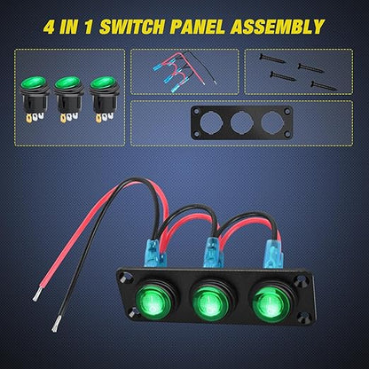 Nilight 3 Gang Rocker Switch Panel 12V Waterproof On-Off Toggle Switches with Green LED Light Three Pin for Automotive Lights Marine Boat Car Camper Truck Vehicles