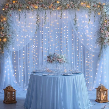 Baby Blue Sheer Tulle Backdrop Curtains with Lights String for Baby Shower Party Wrinkle Free Curtain Backdrops Drapes for Wedding Birthday Party Photo Back Drop Background Home Decorations 10ft x 8ft