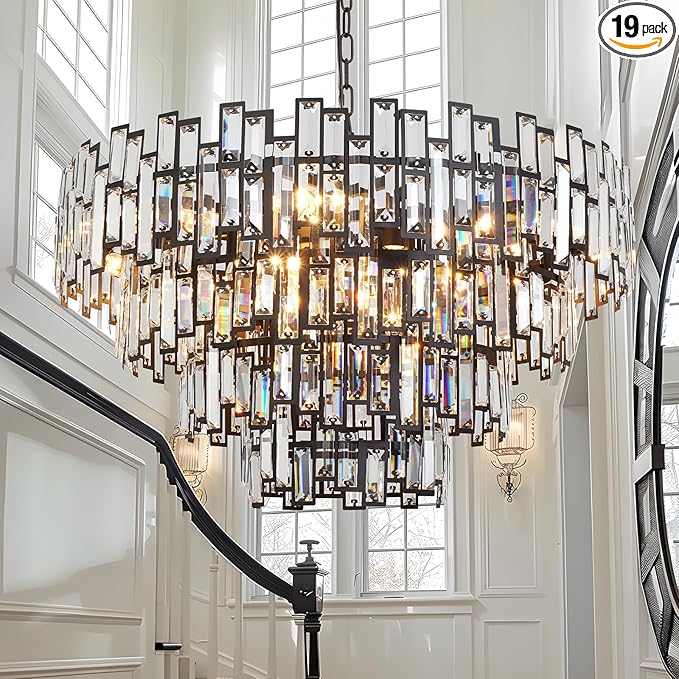 Modern Crystal Chandelier Lighting Hall Grand Living Room Stairway Chandeliers Pendant Light Fixture for High Ceiling Hanging Round Large Black