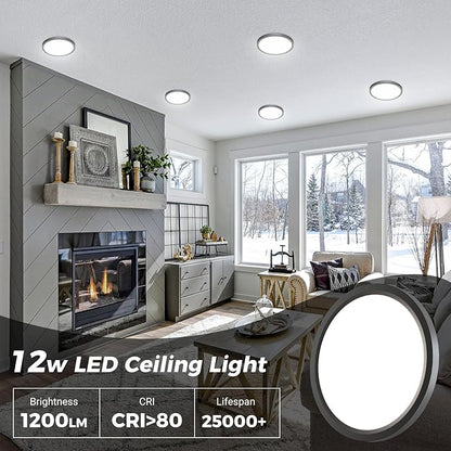 zemty 2Pack LED Ceiling Light Fixture 6.5 Inch, 12W 1200lm Ceiling Mount Light Fixtures, Adjustable 3000K 4000K 6500K, Round Flat Ceiling Lamp for Bathroom Closet Hallway Laundry (Black)