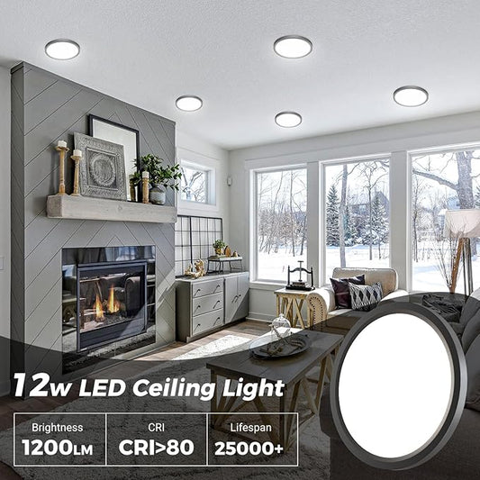 zemty 4Pack LED Ceiling Light Fixture 6.5 Inch, 12W 1200lm Ceiling Mount Light Fixtures, Adjustable 3000K 4000K 6500K, Round Flat Ceiling Lamp for Bathroom Closet Hallway Laundry (Black)