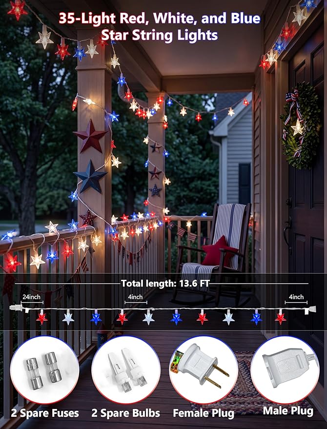 4th of July Decorations Star String Lights, 13.6Ft Red White Blue Patriotic Lights with 35 LED Stars, Waterproof Plug in Fairy String Lights for Memorial Day Independence Day Outdoor Indoor Decor
