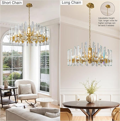 36" Luxury Gold Crystal Chandelier, 16-Light Round Modern Chandelier for Dining Room, Adjustable Chain Chandelier Pendant Light Fixture for Living Room, Bedroom, Kitchen Island, Foyer, Entryway