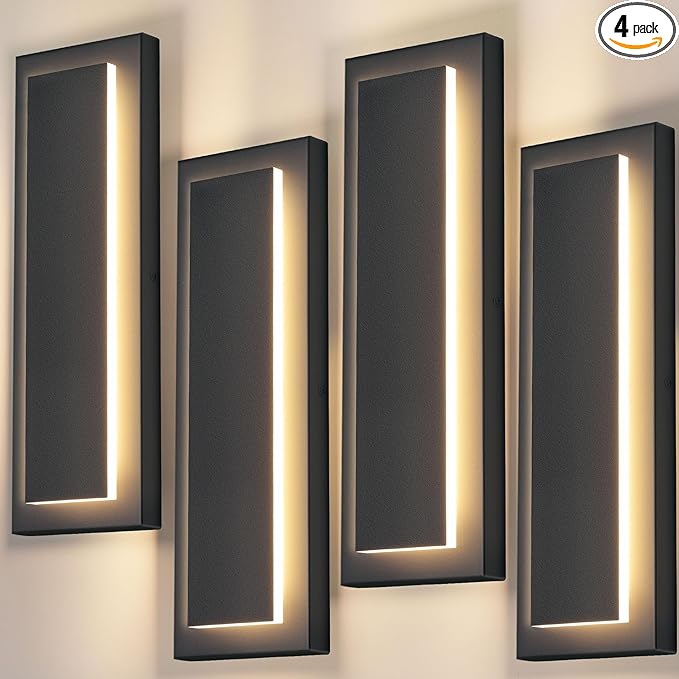 4 Packs Modern Exterior Lighting Fixtures, Black LED Outdoor Porch Wall Light, 16 in Long Outside Lights for House, Front Door, Patio, Waterproof Outdoor Sconce Lights, 3000K Warm White 12W