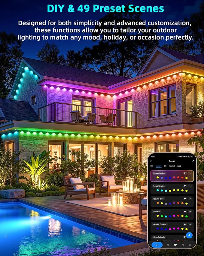 REYLAX Permanent Outdoor Lights Pro, 150ft with 108 Triple-LED 135lm, RGB+IC Smart Eaves Christmas Lights for House, IP67 Waterproof, Multi Scenes for Outdoor Decor, Works with Alexa, Google, Remote