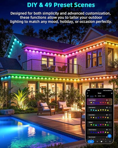 REYLAX Permanent Outdoor Lights Pro 200ft, 144 Triple-LED 135lm, RGB+IC Smart Eaves Christmas Lights for House, IP67 Waterproof, DIY Multi Scenes for Outdoor Decor, Works with Alexa Google APP Remote