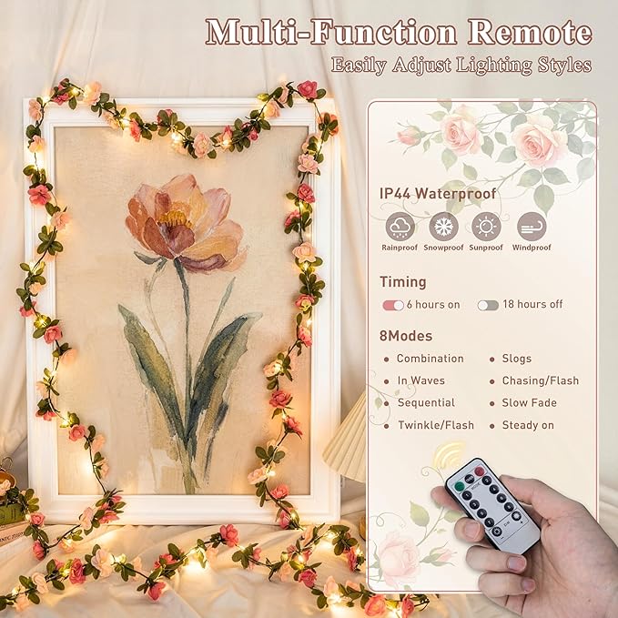 JMEXSUSS Rose Pink Flower Lights, 48 LED 15.75 FT Artificial Rose Vine Lights Battery Operated, Hanging Flower Vines Floral Garland Decorations for Indoor Bedroom Table Wedding Decor(Warm White)