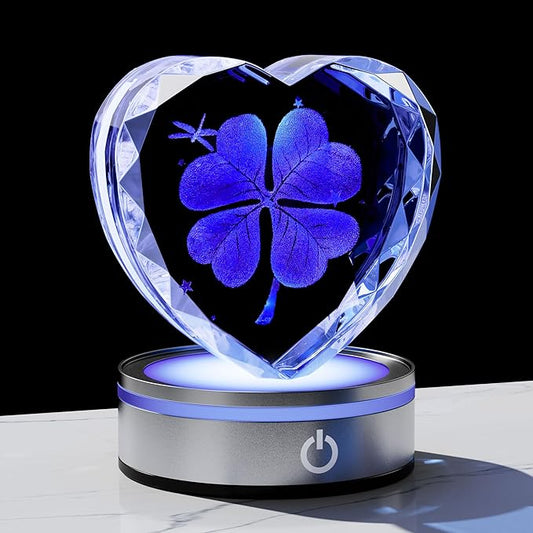 Qianwei 3D Four Leaf Clover 80mm Heart Shape Good Luck Gifts Ideas with Multicolor Lighting Base - Irish Gifts for Women Decor 4 Leaf Clover