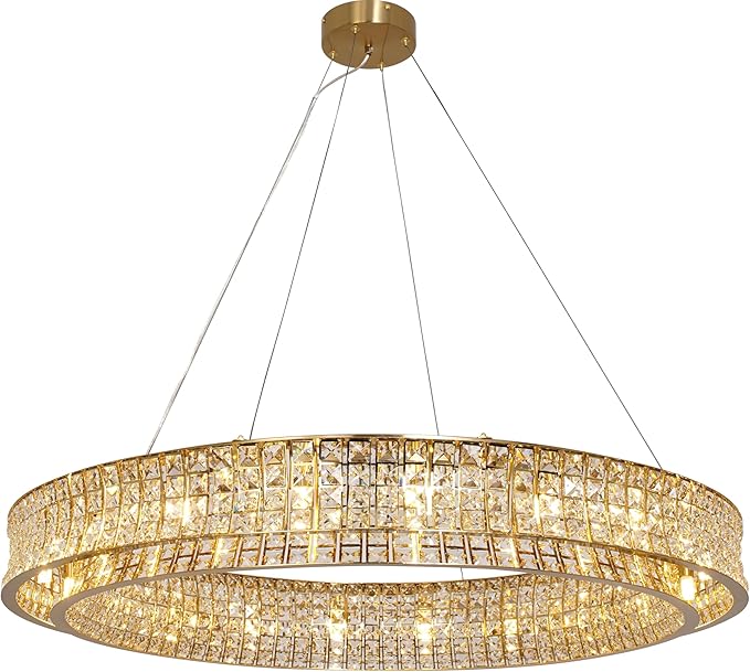 Modern Crystal Chandelier Round 20-Light Contemporary Hanging Ceiling Light Fixture Copper/Brass Finish with Rectangular Crystals Dining Room Living Room Bedroom Entryway Lighting Easy Install 39''