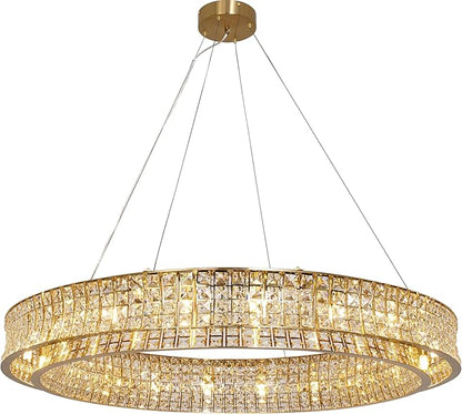 Modern Crystal Chandelier Round 20-Light Contemporary Hanging Ceiling Light Fixture Copper/Brass Finish with Rectangular Crystals Dining Room Living Room Bedroom Entryway Lighting Easy Install 39''