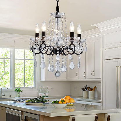 Crystal Chandelier, 5-Light Chandelier for Dining Room Light Fixture, K9 Crystal Pendant Ceiling Light Fixture, Modern Candle Chandelier for Living Room Kitchen Island Entryway Bedroom (Black)