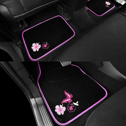 CAR PASS Universal Cloth Butterfly Car Seat Covers Full Set, Embroidered Flower Waterproof Car Floor Mats Carpet, Butterflies Steering Wheel Cover for Car Accessories Interior Sets (Black and Pink)
