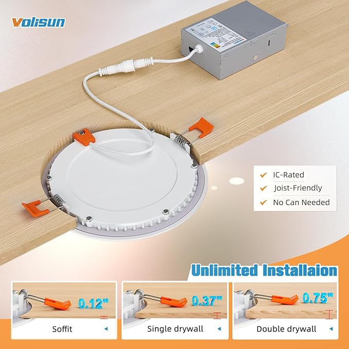 VOLISUN 24 Pack 6 inch Recessed Lighting, 5CCT Ultra-Thin LED Recessed Light with Junction Box, 2700K-5000K Selectable, 1080Lumen Dimmable Canless Wafer Downlight, LED Ceiling Light ETL Certificated