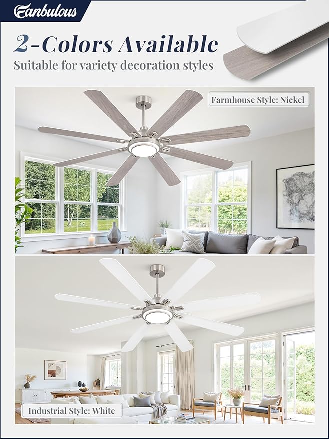 Fanbulous 72 Inch Ceiling Fans with Lights and Remote, Brushed Nickel Ceiling Fan with 8 Dual-Color Blades, Indoor/Outdoor Large Ceiling Fans, Reversible DC Motor, 6-Speed, 3CCT for Living Porch Patio