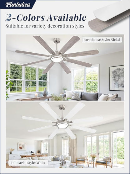 Fanbulous 72 Inch Ceiling Fans with Lights and Remote, Brushed Nickel Ceiling Fan with 8 Dual-Color Blades, Indoor/Outdoor Large Ceiling Fans, Reversible DC Motor, 6-Speed, 3CCT for Living Porch Patio