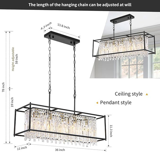 Modern Black Crystal Chandeliers For Dining Room, 36" Large Rectangle Water Ripple Glass Pendant Elegant Linear Lighting for Kitchen Island Dining Room LivingRoom Flat Inclined Ceiling,L36 x W11 x H19