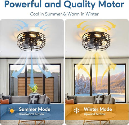 Farmhouse Caged Ceiling Fan with Light, Bladeless Flush Mount Fan Lights Ceiling Fixtures with Remote, 12 in 6 Speeds Indooor Lights for Kitchen, Living Room, Bedroom, Black