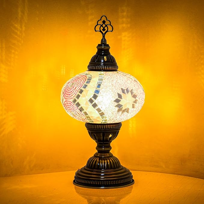 Turkish Mosaic Table Lamp with Bulb – Handmade Pink Stained Glass Light, Vintage Bohemian Decorative Bedside Lamp with US Plug & E12 Socket