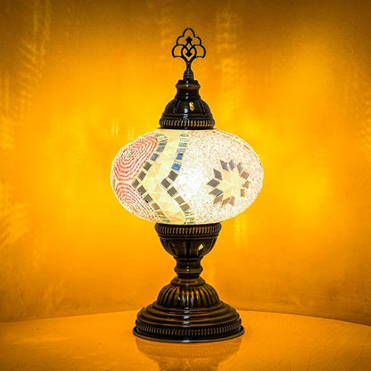 Turkish Mosaic Table Lamp with Bulb – Handmade Pink Stained Glass Light, Vintage Bohemian Decorative Bedside Lamp with US Plug & E12 Socket