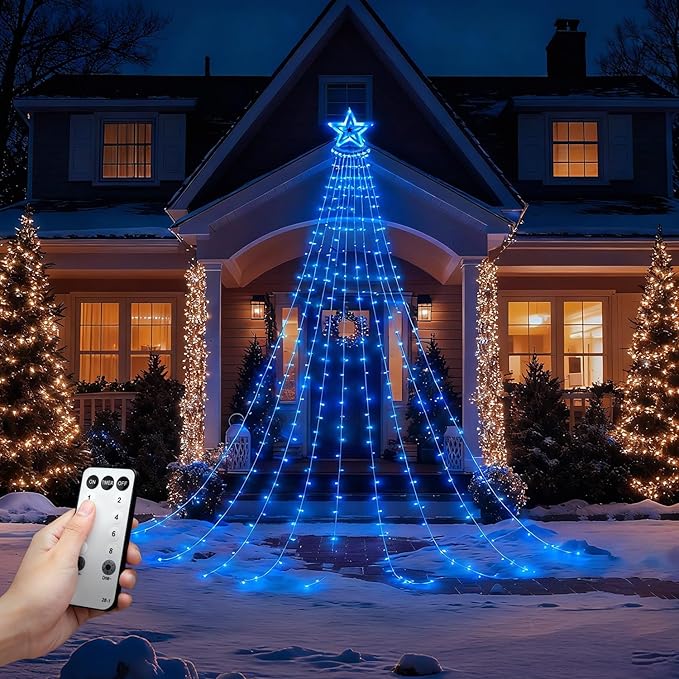 Star String Lights, 350 LED Tree Waterfall Fairy Lights, Outdoor Waterproof Christmas Decoration Lights with Remote, 16FT X 9 Hanging LED Lamp for Garden Yard Wedding Birthday Festival, Ocean Blue