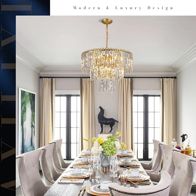 A AXILIXI Gold Crystal Chandeliers, 24” Modern Round Chandelier for Dining Room 3 Tiers 12 Lights Ceiling Pendant Light Fixtures Large Ceiling Chandeliers for Foyer Living Room Bedroom