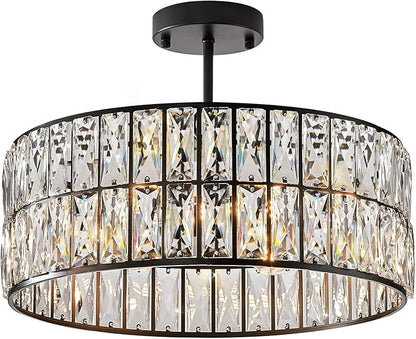 CATINER Black Crystal Chandelier 6-Lights Crystal Pendant Light Large 18 Inches Drum Semi Flush Mount Ceiling Lights for Dining Room Living Room Kitchen Closet