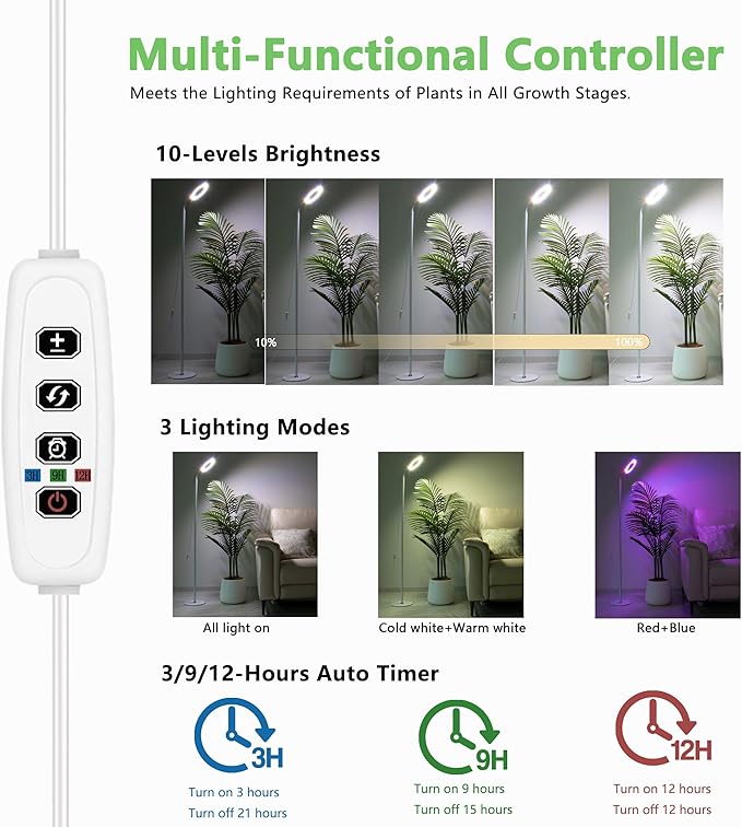 Grow Light for Indoor Plants, Full Spectrum LED Tall Plant Lights with Timer, Standing Floor Growing Lamp, Height Adjustable for Large Plants (White)