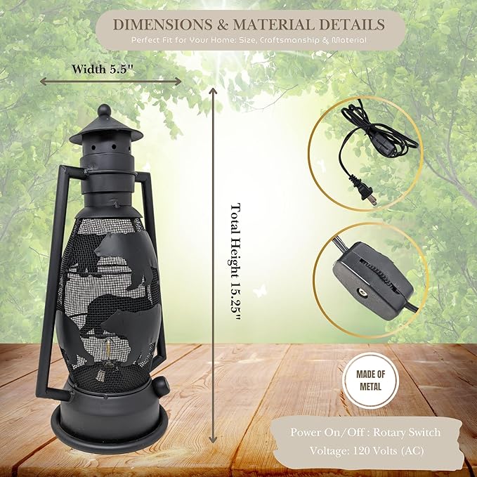 BestGiftEver Rustic Bear Lantern Table Lamp – Vintage Metal Nightlight with Electric Cord – Cabin, Lodge, Woodland Décor