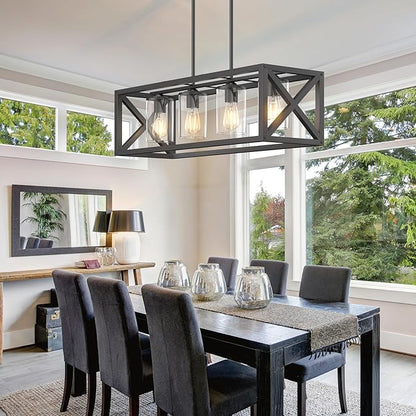 Farmhouse Dining Room Light Fixture - 4 Light Kitchen Island Lighting with Adjustable Height & Thickened Metal Dining Room Light Fixture Over Table，Chandeliers for Dining Room&Kitchen Island