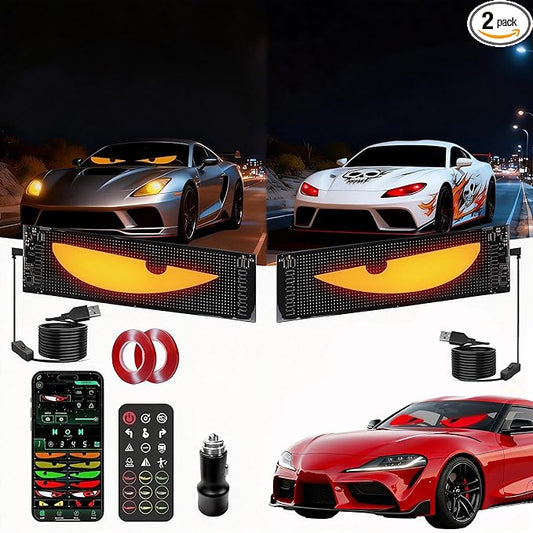 Devil's Eye 2-Pack:5800 Lux High-Brightness13.7x4.01in Programmable ojos led para carro Windshield Display for Sedans, SUVs & Medium Trucks - USB-Powered LED Matrix Panel, Remote/App Control