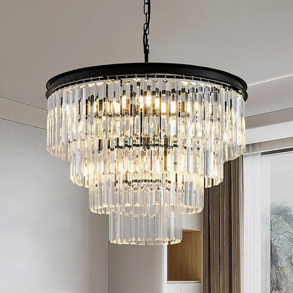 Modern Crystal Chandelier Lights 22.8" 10-Light K9 Crystal Pendant Light 4-Tier Black Luxury Crystal Hanging Dining Room Light Fixture for Living Room Kitchen Bedroom Stairway Office Foyer