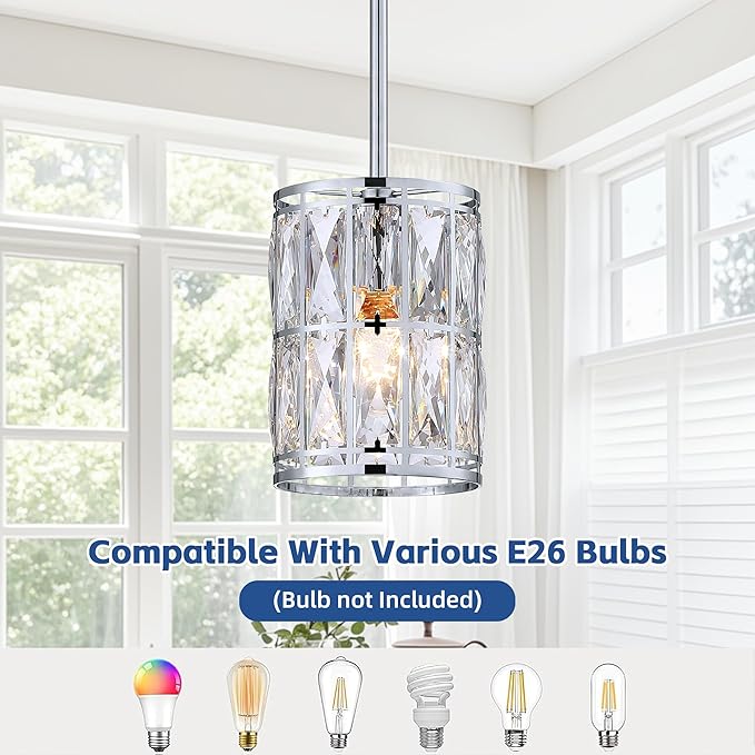 2-Pack Crystal Pendant Light, Modern Chrome Finish Hanging Lighting with Clear Crystal Chandelier, Adjustable Height Mini Island Light Fixture for Kitchen, Dining Room and Living Room